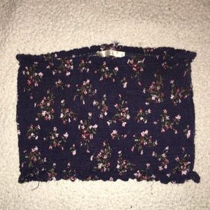 smocked cropped navy blue floral print tube top